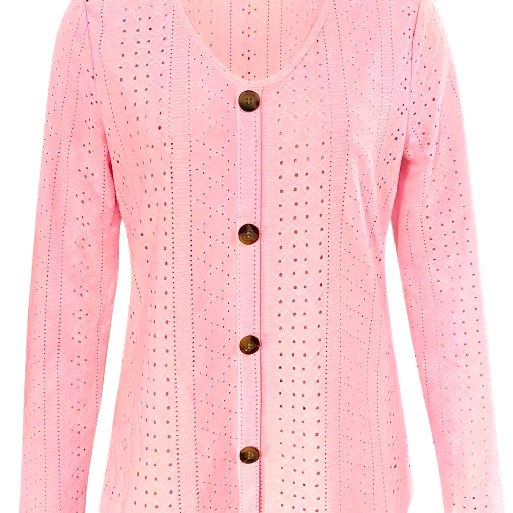 Women's Pink Eyelet Button Front Long Sleeve Sweater Size 2XL